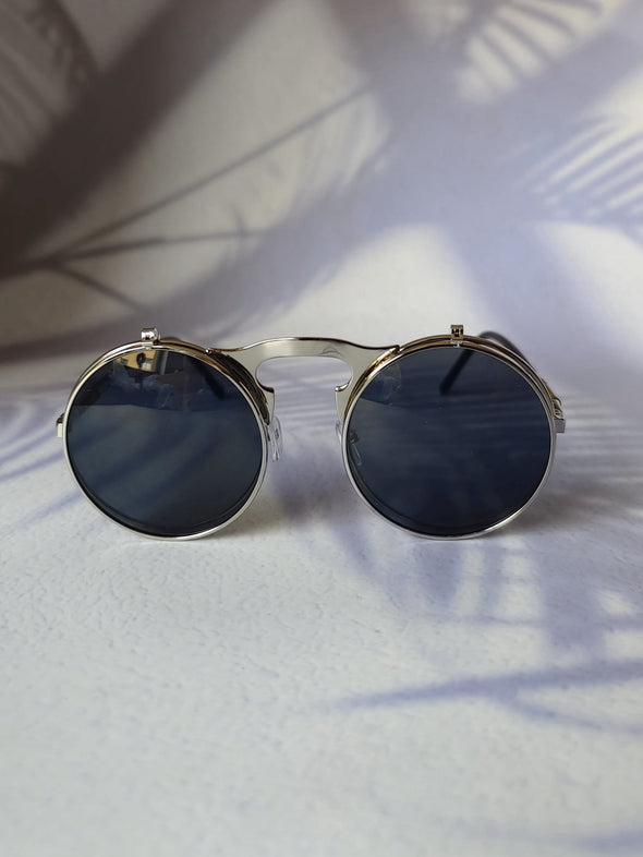 1pair Men Round Metal Frame Flip-up Vintage Fashion Glasses For Daily Life