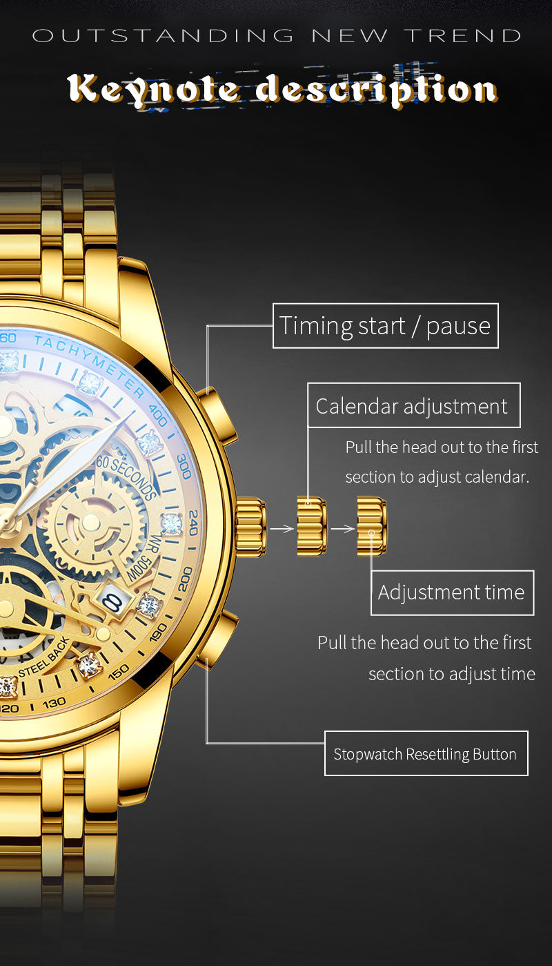 NEKTOM 2023 Men Watches Luxury Top Brand Gold Watch Stainless Steel Big  Male Wristwatch Yellow Quartz Sports Watches for Man